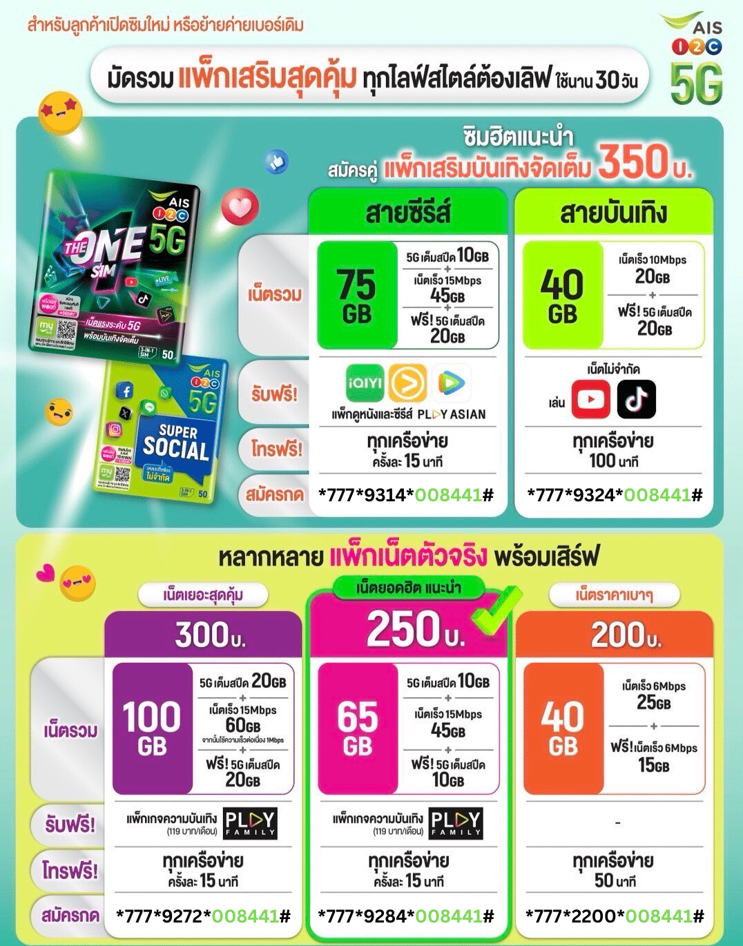 เน็ต AIS ลูกค้าเปิดเบอร์ใหม่ เน็ต AIS 200 บาท 30 วัน 6 Mbps เน็ต AIS 250 บาท 30 วัน เน็ต AIS 300 บาท 30 วัน เน็ต AIS 350 บาท 30 วัน 15 Mbps